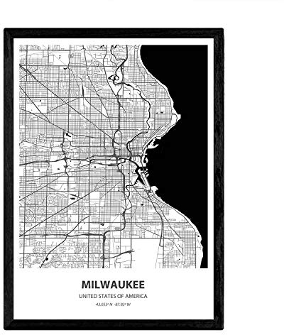 Nacnic Poster mit Karte von Milwaukee - USA. Blätter von US-Städte mit Meeren und Flüssen in schwarz und weiß. A3