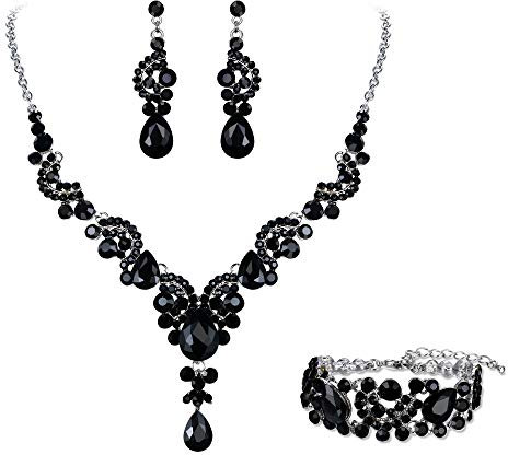 EVER FAITH Kristall Schmuckset Hochzeits Braut Art Deco Floral Teardrop Halskette Ohrringe und Armband Set Schwarz Silber-Ton
