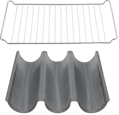 ICQN Baguette Backform mit Gitter Set, 38.5 x 27 x 4 cm Bagettebackblech für 3 Mulden, Mit Antihaftbeschichtung, Baguette Backblech, 44.5 x 34 cm Backofenrost