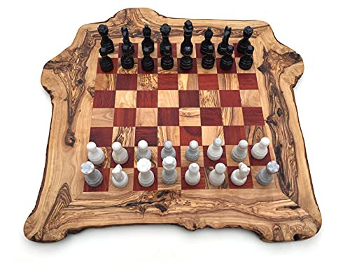 Scacchi rustici in legno d'ulivo, scacchiera misura XL con 32 scacchi in marmo prodotto naturale, fatto a mano, idea regalo