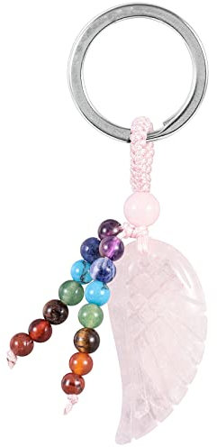Nupuyai Rosenquarz Stein Engelsflügel Schlüsselanhänger Kristall mit 7 Chakra Heilsteine, Schutzengel Flügel Glücksbringer Edelstein Schlüsselring Glücksstein Amulett Taschenanhänger