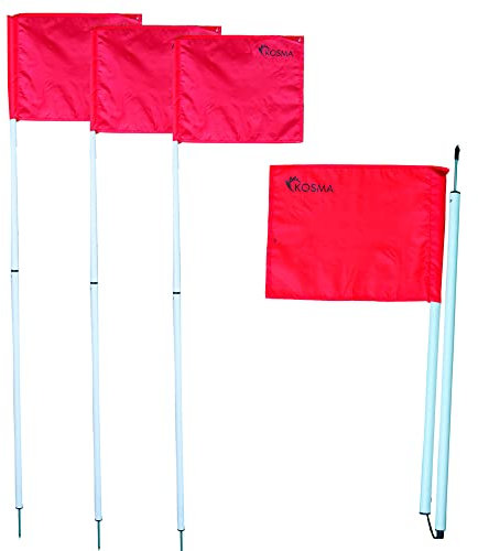 Kosma Set of 4 Half Folding white pole with Red Corner Flags | Football Training Folding Flags | Side Line Soccer Flags | 5 Ft x 25 mm