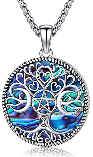 Eusense Triple Lune Déesse Pendentif Pentacle Collier Pentagramme Pagan Wiccan Triple Lune Amulette Magique en Argent 925 Arbre de Vie Bijoux pour Femme Fille