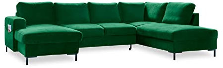 MIUFORM Ecksofa U Form mit Schlaffunktion und Bettkasten | Lofty Lilly | Wohnladschaft Couch Schlafcouch Wohnzimmer Gästezimmer | Samt Metallfüße (Flaschengrün, Rechts ausgerichtet)