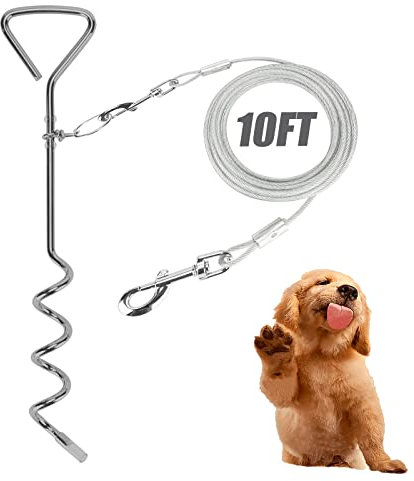 Darkyazi Hundepfahl, Kabel und reflektierender Pfahl, 4,8 m, Outdoor, Hof und Camping, für mittelgroße bis große Hunde bis zu 3,048 m, Silber