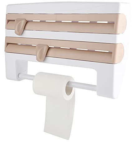 Portarrollos de Pared de 3 Compartimentos, Portarrollos de Cocina, Portarrollos de Papel para 3 Rollos de Cortador de Papel de Aluminio con Cuchillas Afiladas para Cocina, (Caqui)