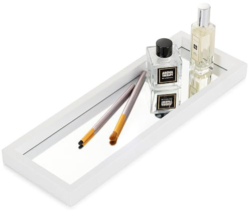 Hanobe Wooden Bathroom Vanity Tray: Mirror Trays White Perfume Holder Rectangle Decorative Trays for Cosmetic Makeup Jewelry Dresser Organizer for Table Counter Decor