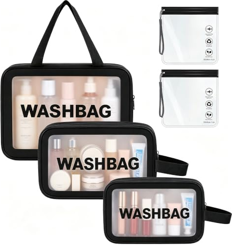 WUBAYI 5Pcs Clear Toiletry Bag, Waterproof PU Makeup Bag with Zipper Handle, Portable Airport Cosmetic Bag for Women & Men, Travel Accessories Wash Bag for Travelling & Holiday (Black)