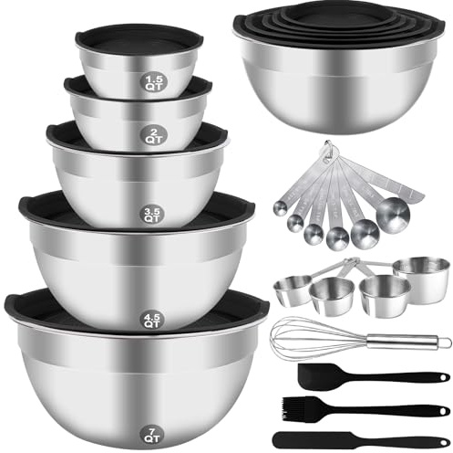 WEPSEN Mixing Bowls Set, 25PCS Stainless Steel Mixing Bowl with Lid Set, Large Nesting Bowls 7, 4.5, 3,2, 1.5QT, Measuring Cups and Spoons Baking Utensils Metal Bowl for Kitchen Prep