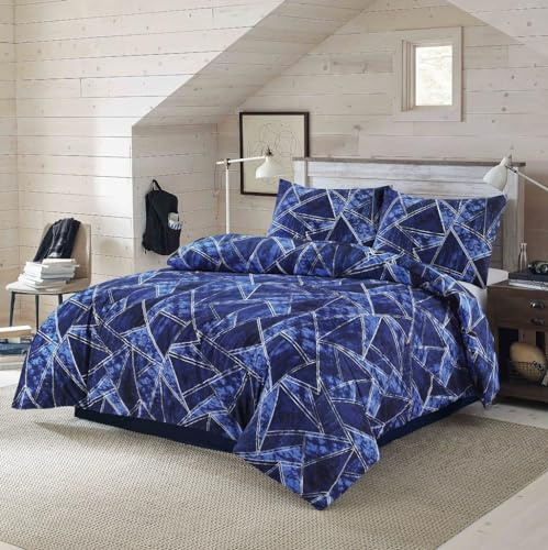 Milosc Luxury Printed Duvet Cover Set Easy Care Washable Bedding Set With Matching Pillow Cover New Home Gift Sets (Jaxon Navy, King (U.K. Standard))