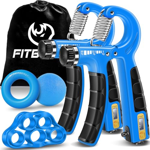 FitBeast Handtrainer Trainingsset (5-teilig), 2 Unterarmgriff Einstellbare Widerstand Handgreifer, Fingerdehner, Griffball & Stressabbau-Griffball für Athleten