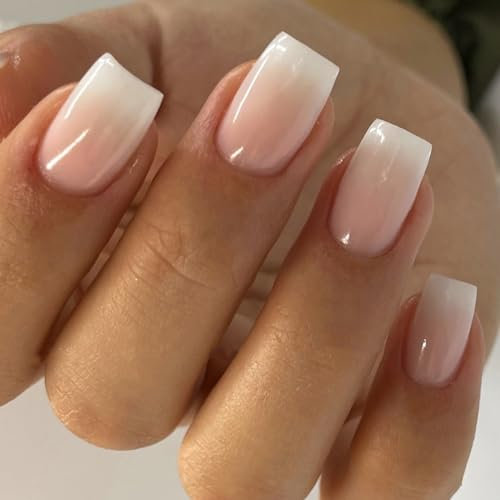 24 Stück Press on Nails Kurz, Rosa Weiß Farbverlauf Eckig French Künstliche Nägel, Acryl Full Cover Nägel Zum Aufkleben, Square Natürliche Fingernägel Kunstnägel Fake Nails für Frauen & Mädchen