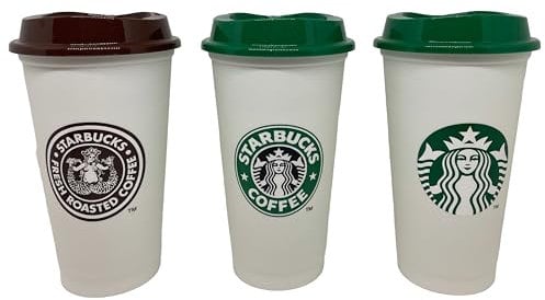 STARBUCKS Bicchieri da viaggio in plastica riutilizzabili Heritage, set in edizione limitata di 3 tazze/bicchieri/bicchiere Grande Medium, 16 once 473 ml.