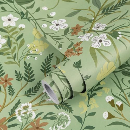 Decoroom Papier Adhesif pour Meuble Vert Mat 44X300cm Film Adhesif pour Meuble Imperméable Vinyle Adhesif Decoratif Chambre à Coucher Salon Fleur Papier Peint
