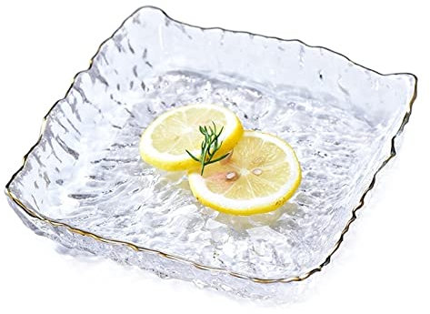 CVBGVBB Bandeja de Frutas Plato de Cristal con Borde de Incrustaciones Doradas, ensaladera, Plato Cuadrado Transparente para Fruta, Ensalada de Cristal para el hogar, Platos Transparentes, vajilla de