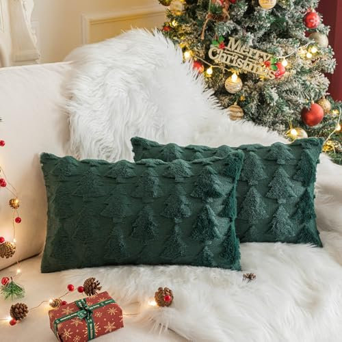 XNSHUN 2er Set Kissenbezug Weihnachten, Deko Kissenhüllen Weihnachtsdeko Plüschkissen Sofakissen Deko Bezug, Zierkissenbezug Für Kissen Sofa Schlafzimmer Wohnzimmer (30x50cm,Grün-Weihnachtsbaum)