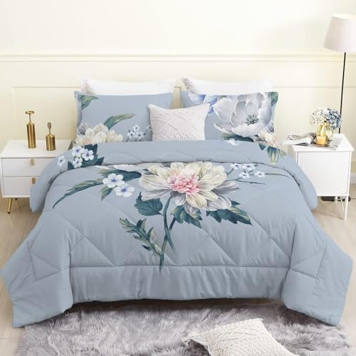 Linfye Bettdecke 240x220 cm, Blaue Blume Bettdecke 220x240 4 Jahreszeiten, Grüne Pflanzen Steppdecke Waschbar Bettdecken, Vierjahreszeiten Schlafdecke Ganzjahresdecke mit 2 Kissenbezug 80x80cm