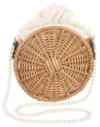 QUARKZMAN Sac Bandoulière en Paille pour Femmes, Sac Rond en Rotin, Pochette en Paille, Sac à Main Tissé en Rotin, Sacs en Paille pour L'Été, les Voyages à la Plage