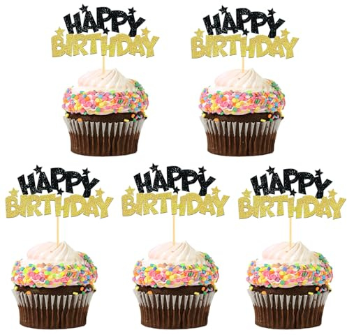 24 Stück Glitzer Geburtstag Cupcake Toppers, Happy Birthday Geburtstagsdeko, Alles Gute zum Geburtstag Kuchendekoration für Geburtstagsfeier Zubehör Party Dekoration (Gold)
