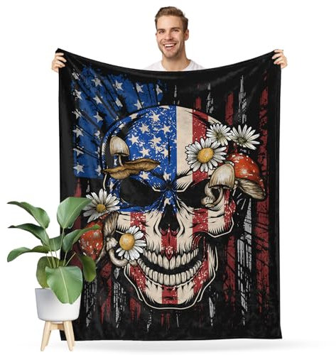 Überwurfdecke mit amerikanischer Flagge, Halloween, Skelett, Blume, Pilz, Totenkopf-Druck, Flanelldecke, warm, flauschig, weich, gemütlich, Gothic-Überwurf, Decken für Kinder, Erwachsene, Couch, Sofa,