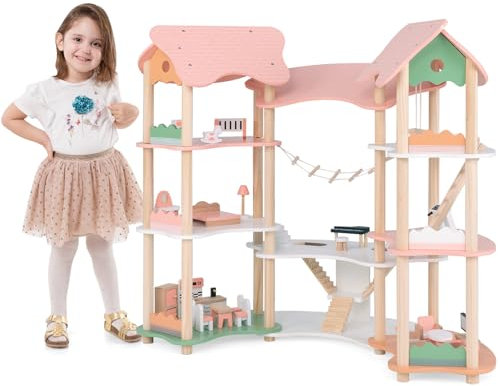 GOPLUS Puppenhaus auf 3 Etagen, Dollhouse mit 7 Zimmern & 32 Möbelstücken, Puppenvilla mit Strickleiter, ideal für 8–15 cm große Puppen, Puppenstube für Kinder ab 3 Jahren (Model 3)