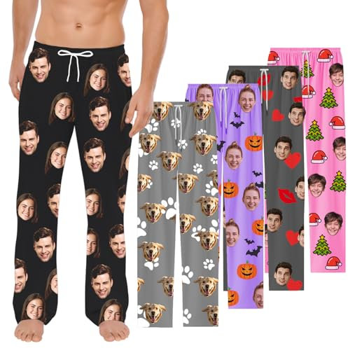 Custom Pajama Pants - Personalised Pyjamas Pants with Photo Face Pj Pants Bottoms for Men Women (Face)