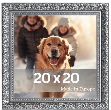 VictoR Vintage Bilderrahmen „Rubens“ in 20x20 cm Schwarz Silber - Leiste: 30x20mm - Echtglas - Fotorahmen Barock - Antik - Bilderrahmen 20x20 Silber - Quadratisch