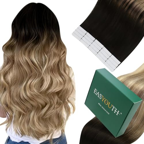 Easyouth Balayage Tape in Extensions Echthaar Schwarz Echthaar Tape in Extensions Schwarz Balayage Aschbraun Hellblond Haarverlängerungen Echthaar Tape Invisible 35cm 40g 20pcs #1B/8/22