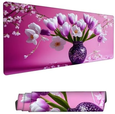 Gaming Mouse Pad 23.63x11.82x0.12in Large Mouse Mat Purple Mouse Pad,Desk Mat Tulip Mousepad with Stitched Edges,Keyboard Mat with Water Resist Surface,Improved Precision and Speed,Boy Gifts Hs-340