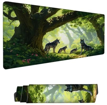 Tapis de Souris Loup sous Main Bureau,Tapis de Souris XXL 900x400x3mm,Tapis Souris Forêt Tapis de Souris Gamer Imperméable Antidérapante,Mouse Pad avec Bords Surpiqués,Deco Bureau,Cadeau Femme Hs-779