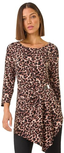 Roman Floral Print Asymmetric Top for Women UK - Ladies Autumn Everyday Winter Holiday Round Neckline Comfy 3/4 Sleeve Soft Stretch Jersey Tee Office Desk Shirts