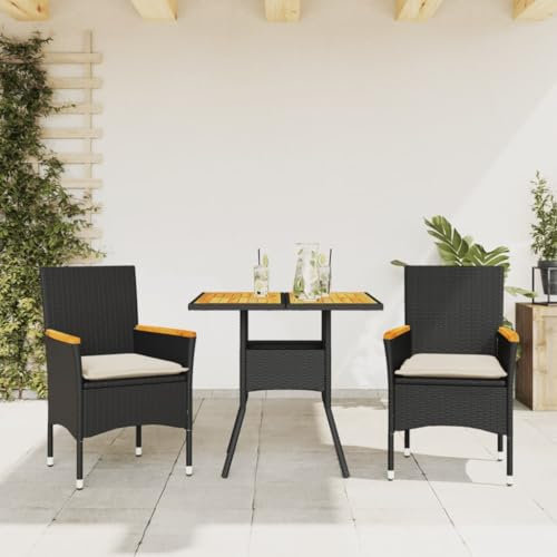 Xichuzi 3-TLG. Garten-Essgruppe mit Kissen Schwarz Poly Rattan Akazie, Esstisch Mit Stühlen Set, Gartenmöbel Sitzgruppe, Balkon Möbel, Gartenlounge Set, Terrassenmöbel, Balkonmöbel Set - 3278697