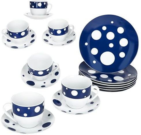 MamboCat Pula Service à café 18 pièces bleu foncé I Vaisselle en porcelaine blanche à pois pour 6 personnes I 6 tasses de 200 ml, 6 soucoupes et 6 assiettes pour petit-déjeuner et café