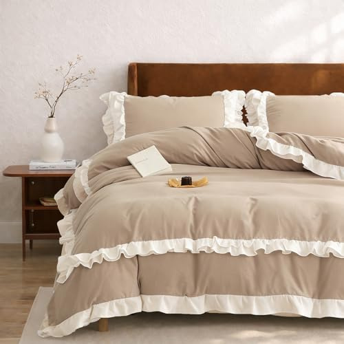 Wotcsil Bettwäsche Braun 200x200cm Rüschen Bettwäsche Uni Boho Sets | Mikrofaser für Mädchen Damen Bettbezug Set Romantisch mit Reißverschluss und Kissenbezug 80x80cm