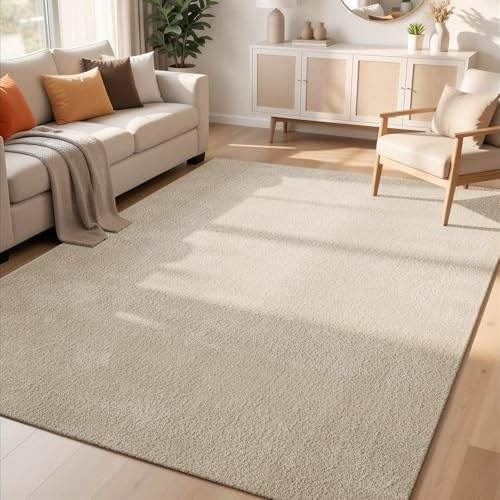 Comfy Washable Plain Non-Slip Living Room Area Rug, Light Beige, 80x120cm