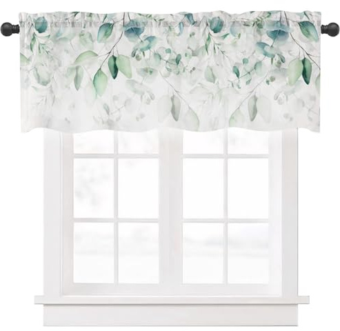 Ausing Florale Küchen Gardinen Kurz Halbtransparente Cafe Bistro Gardine Vintage Dekorative Volants Vorhänge, Grün
