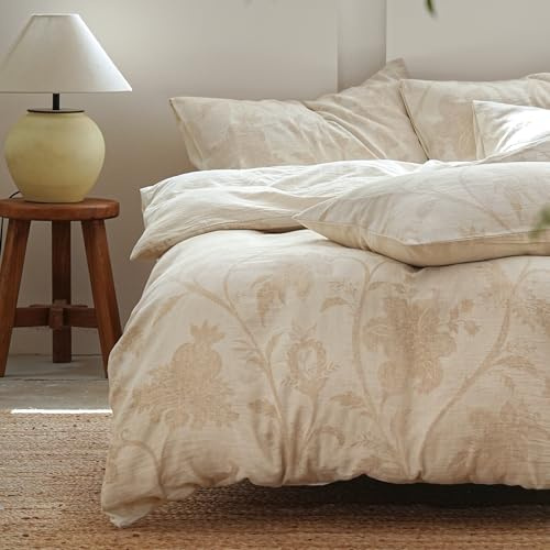 SOULFUL Leinen Bettwäsche 135x200 Baumwolle,Jacquard Boho Textur Bettwäsche-Sets Enthält 1 Bettbezug 135x200 und 1 Kissenbezug 80x80,Öko-Tex 100 Zertifiziert,Botanical