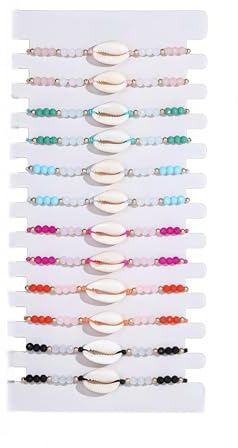 Lot de 12 Bracelets Coquillage Bohème pour Femme - Fait Main en Perles de Verre et Coquillages Naturels, Ajustable, Accessoire Plage Été, Idéal Cadeau, D – Lot de 12