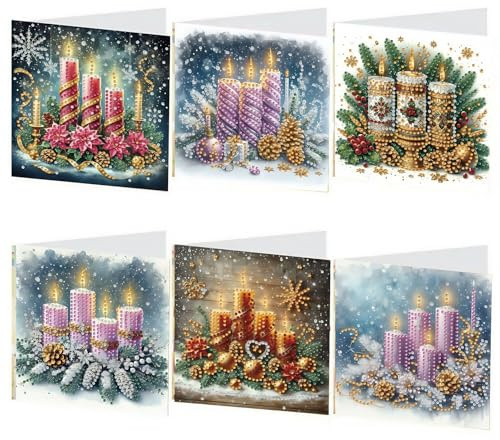 Nexoria Diamond Painting Weihnachtskarten Set, 6 Stück 5D Diamond Painting Karten Diamont painting Weihnachten Karten mit Blanko Umschlag Diamant Malerei Weihnachtsgrußkarten für Freunde Familie (A)