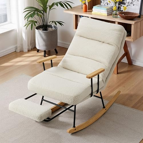 DARDVORLAG Einstellbarer Eisenrahmen Schaukelstuhl mit Fußstütze – 90° Verstellbare Rückenlehne, Abnehmbar, Gummibaumholz-Füße, Modernes Design, Produktgröße 99x96,5x48,5 cm, Sitzgröße 53x59 cm