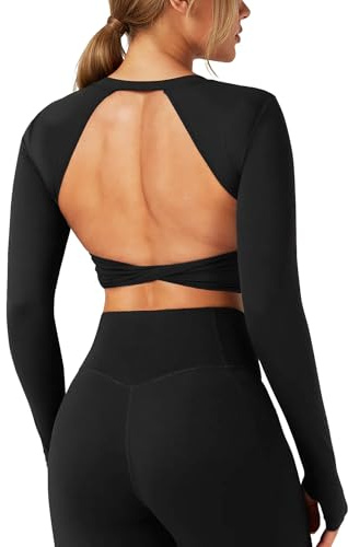 TZLDN Damen Rückenfreies Oberteil Langarm Sportshirt Cropped Sportoberteil Yoga Pilates Gym Fitness Schwarz M