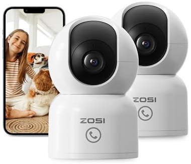 ZOSI 2er 4K Überwachungskamera Innen WLAN mit 64GB Speicherkarte, 5Ghz WiFi | 2,4Ghz WiFi 360° Schwenkbar, KI Person-/Haustiererkennung & Verfolgung, Proaktiver Anruf, C518