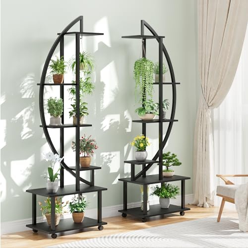 Garvee 2 Pcs 6 Tier Metal Indoor Plant Stand, Half-Moon-Shaped Plant Shelf Holder with Wheels, 69.2 Tall Multi-Purpose Plant Stands Large Tall Ladder Plant Display Racks for Home Decoration, Black