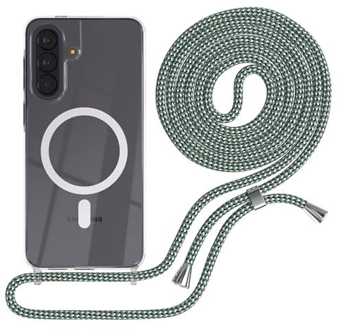 EAZY CASE - Handykette kompatibel mit Galaxy A57 Kette zum Umhängen Stoßfest Handyhülle für Galaxy A57 Silikon Hülle Band Handytasche Transparent als Fallschutz in Hell Grün Camouflage - Clips Silber