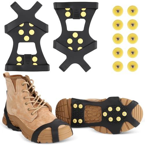 Carryown Ice Cleats for Boots Shoes, Ice Shoe Grips Anti Slip for Men Women, Rubber Snow Cleats, Spikes Crampons for Hiking Boots and Shoes + 10 Extra Replacement Studs (Small)