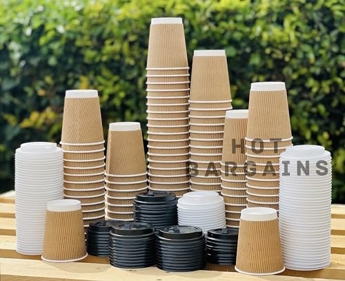 HOT BARGAINS, 25 X 12oz / 360ml Kraft Triple Walled Disposable Paper Ripple Cups Disposable Coffee Tea Cups Disposable Hot Drink Cups + LIDS