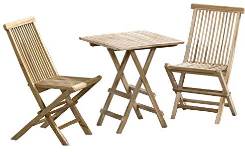 Ambientehome 3tlg. Sitzgruppe Teakholz Gartenset, Tisch eckig ca. 40x60 cm Klapptisch, Klappstuhl