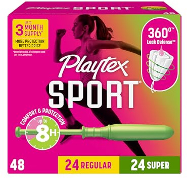 Playtex Sport Tampons Multipack (24ct Regular/24ct Super), Fragrance-Free - 48ct | Tampons Regular and Super, Playtex Tampon Multipack, Feminine Care with 360 Leak Defense