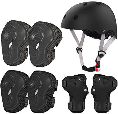 LANOVAGEAR Fahrradhelm Kinder Schonerset mit Skaterhelm Protektoren Schützer Inliner Schutzausrüstung Kinder Knieschoner Set mit Helm 2-10 Jahre für Fahrrad Skateboard Rollschuh (XS, Schwarz)