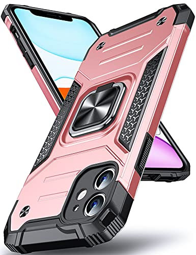 DASFOND Designed for iPhone 11 Case, Military Grade Shockproof Protective Phone Case Cover with Enhanced Metal Ring Kickstand [Support Magnet Mount] for iPhone 11 6.1 inch, Rose Gold